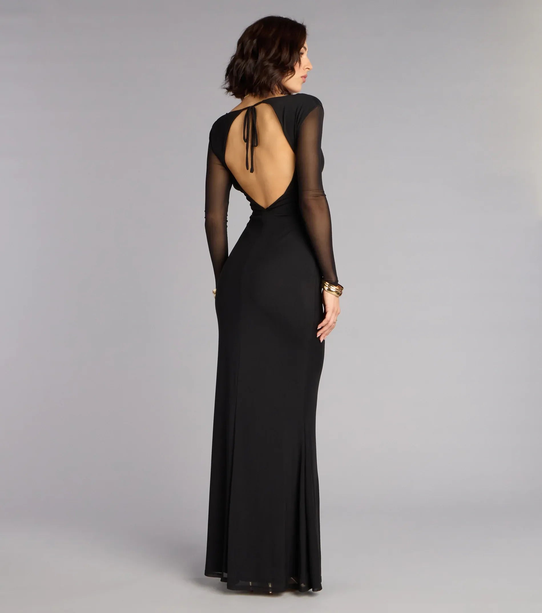 Square Neck Mesh Long Sleeve Double Ring Cutout Tie Back Plain Slit Black Jersey Mermaid Maxi Wedding Guest Dresses