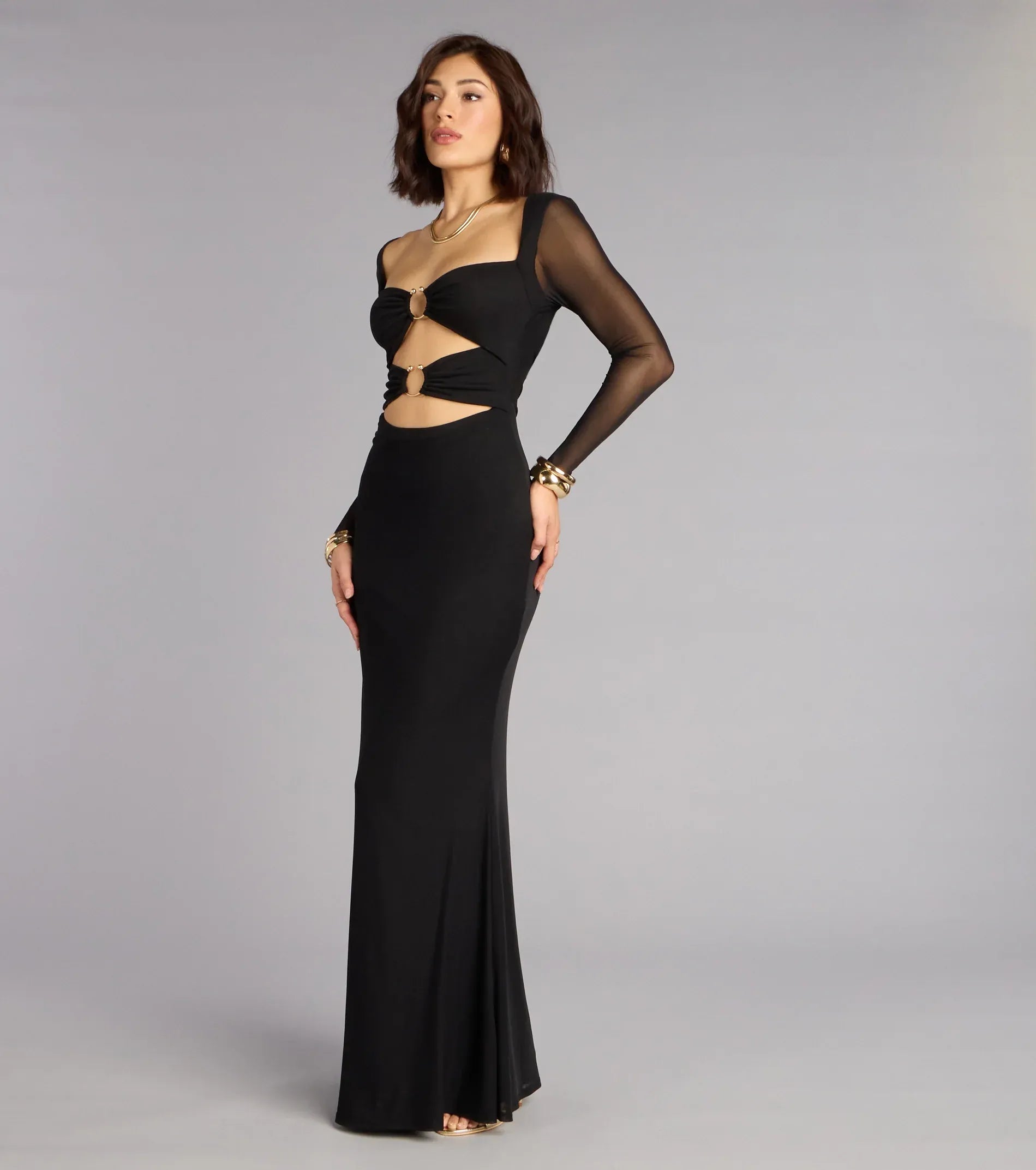 Square Neck Mesh Long Sleeve Double Ring Cutout Tie Back Plain Slit Black Jersey Mermaid Maxi Wedding Guest Dresses
