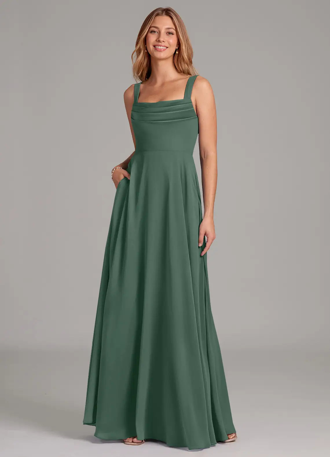 Square Neck Pleated Floor-Length Chiffon Bridesmaid Dress