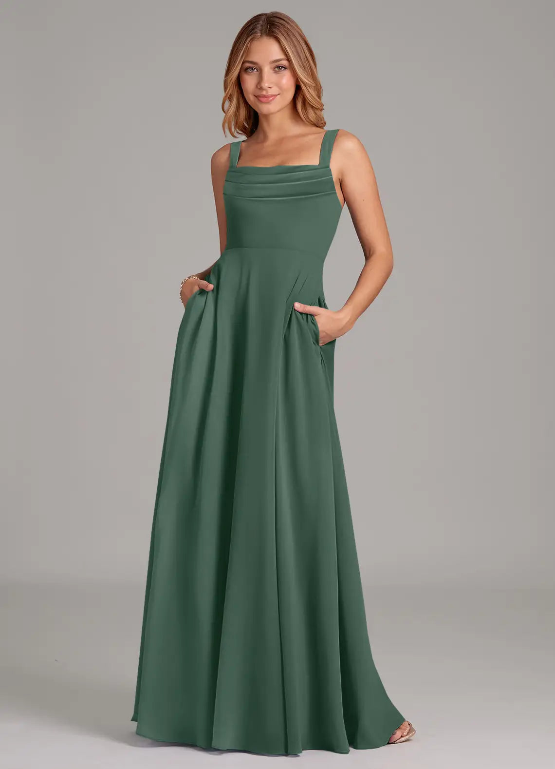 Square Neck Pleated Floor-Length Chiffon Bridesmaid Dress