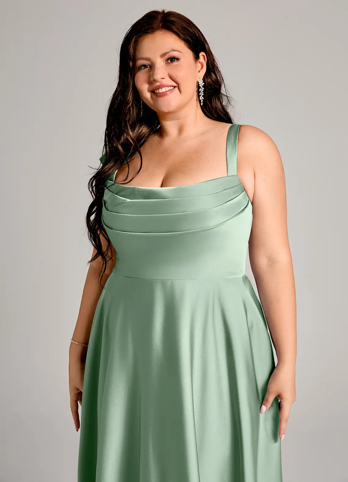 Square Neck Pleated Satin Floor-Length Plus Size Bridesmaid Dress