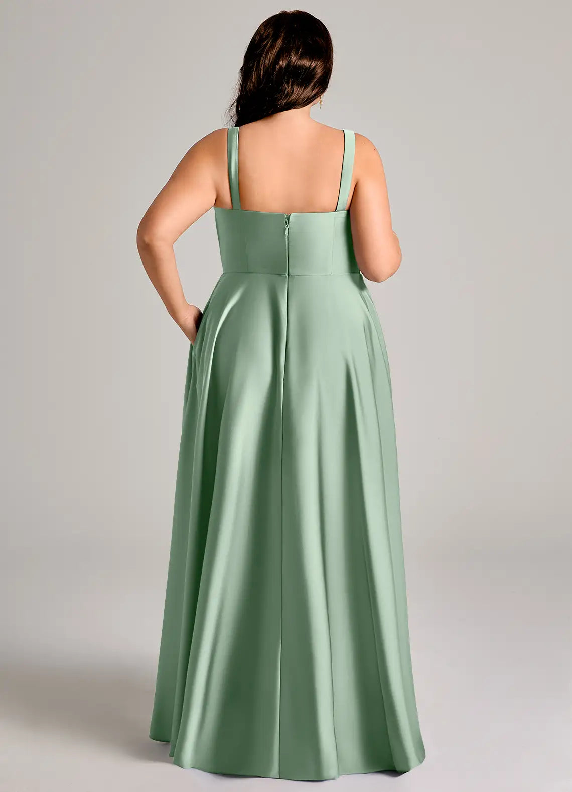 Square Neck Pleated Satin Floor-Length Plus Size Bridesmaid Dress