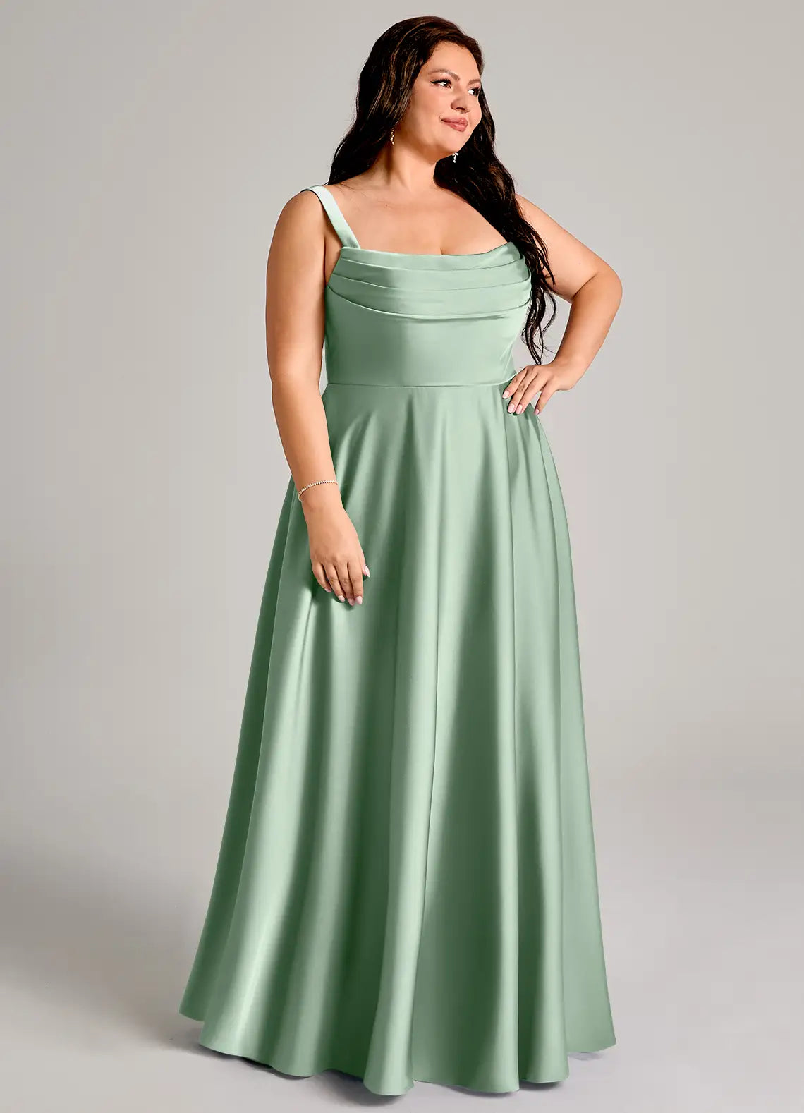Square Neck Pleated Satin Floor-Length Plus Size Bridesmaid Dress