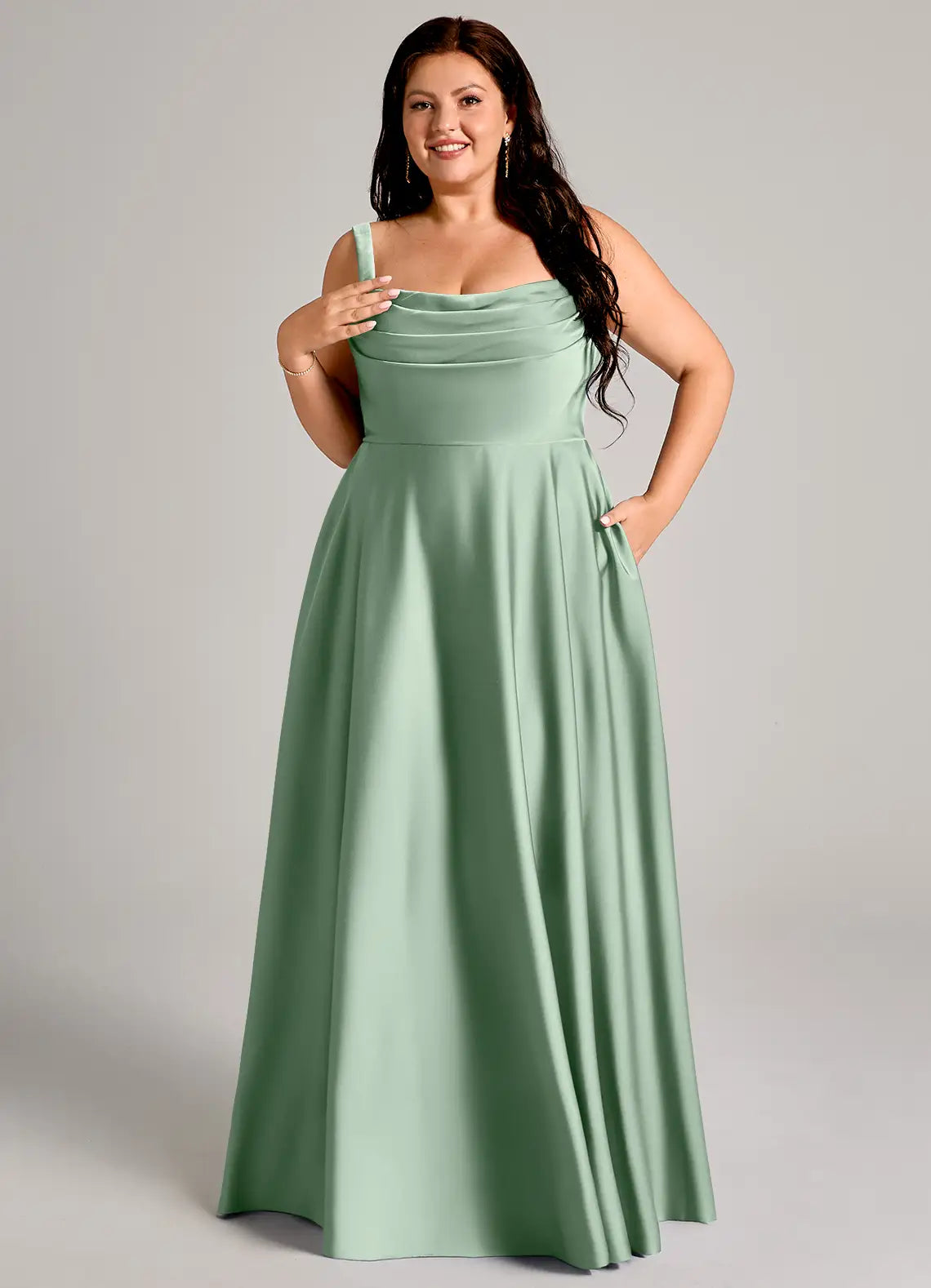 Square Neck Pleated Satin Floor-Length Plus Size Bridesmaid Dress