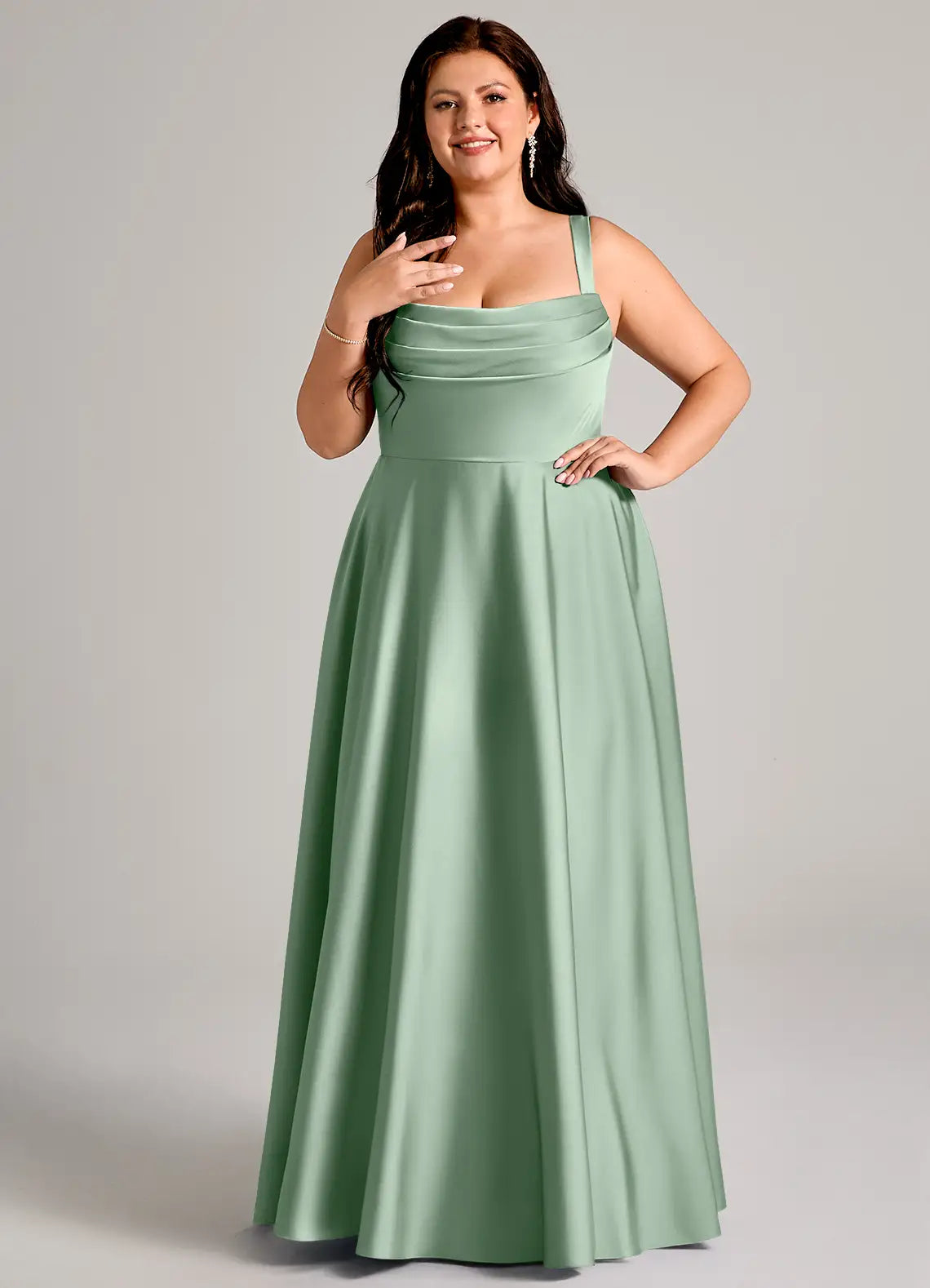 Square Neck Pleated Satin Floor-Length Plus Size Bridesmaid Dress