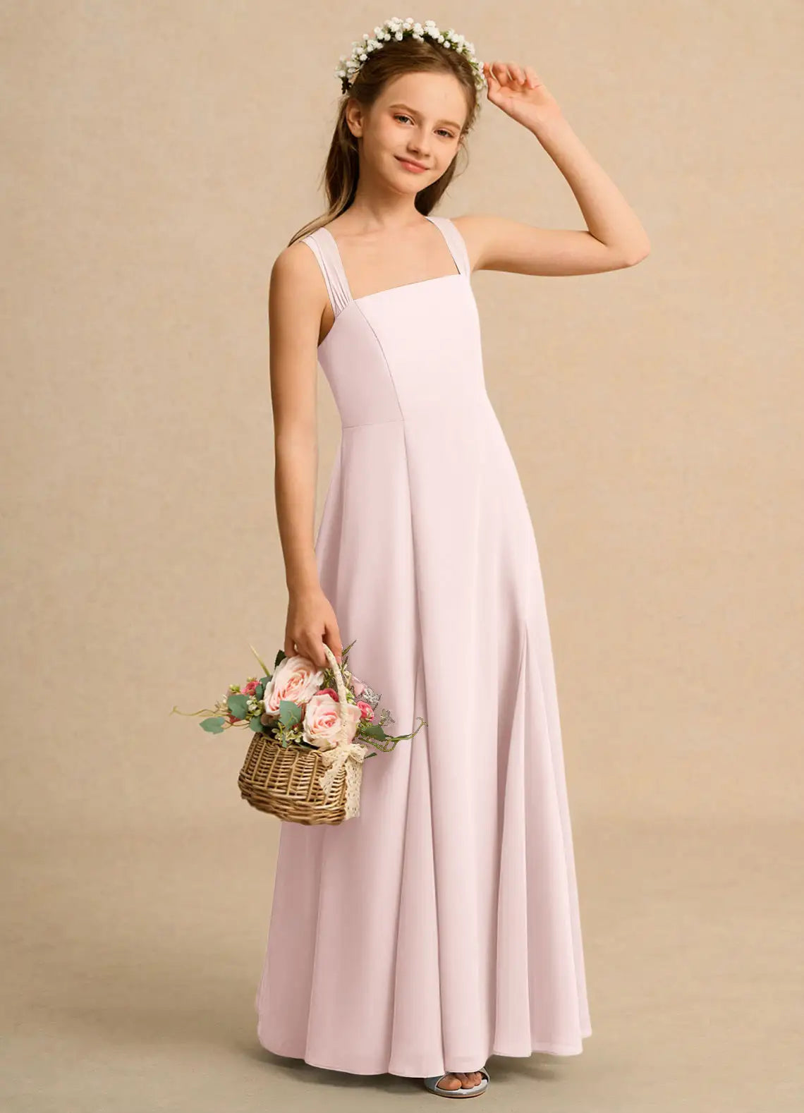 Square Neck Pleated Strap Blush Chiffon Full-Length Junior Bridesmaid Dresses with Cross Back Tie Bow