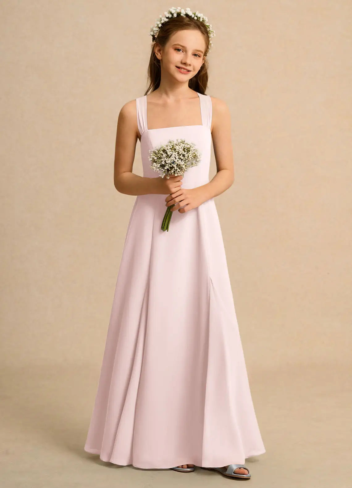 Square Neck Pleated Strap Blush Chiffon Full-Length Junior Bridesmaid Dresses with Cross Back Tie Bow