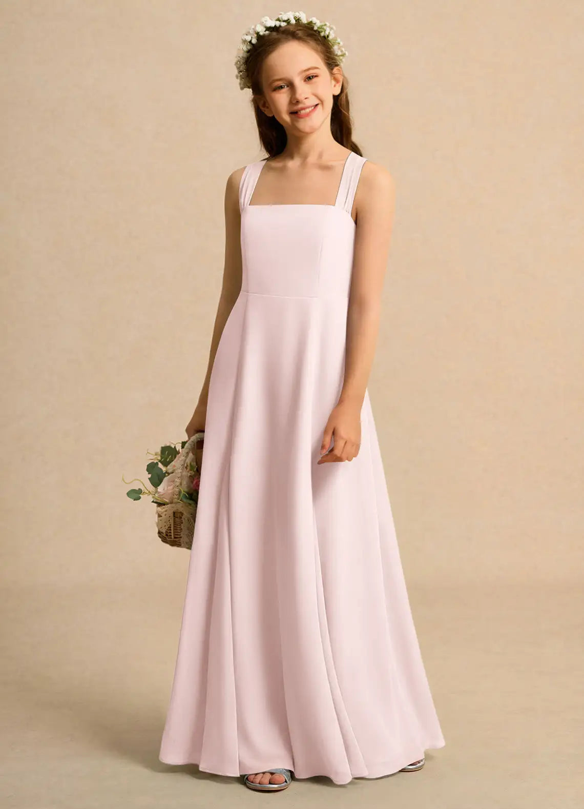 Square Neck Pleated Strap Blush Chiffon Full-Length Junior Bridesmaid Dresses with Cross Back Tie Bow
