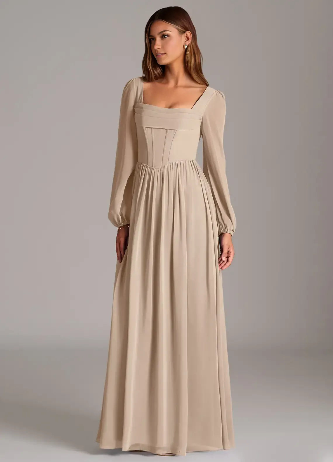 Square Neck Puff Long Sleeve Corset Lace Up Back A Line Chiffon Long Bridesmaid Dress