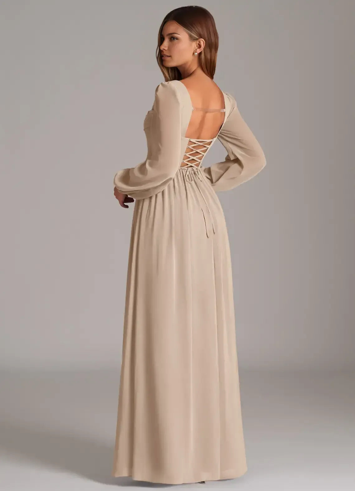 Square Neck Puff Long Sleeve Corset Lace Up Back A Line Chiffon Long Bridesmaid Dress