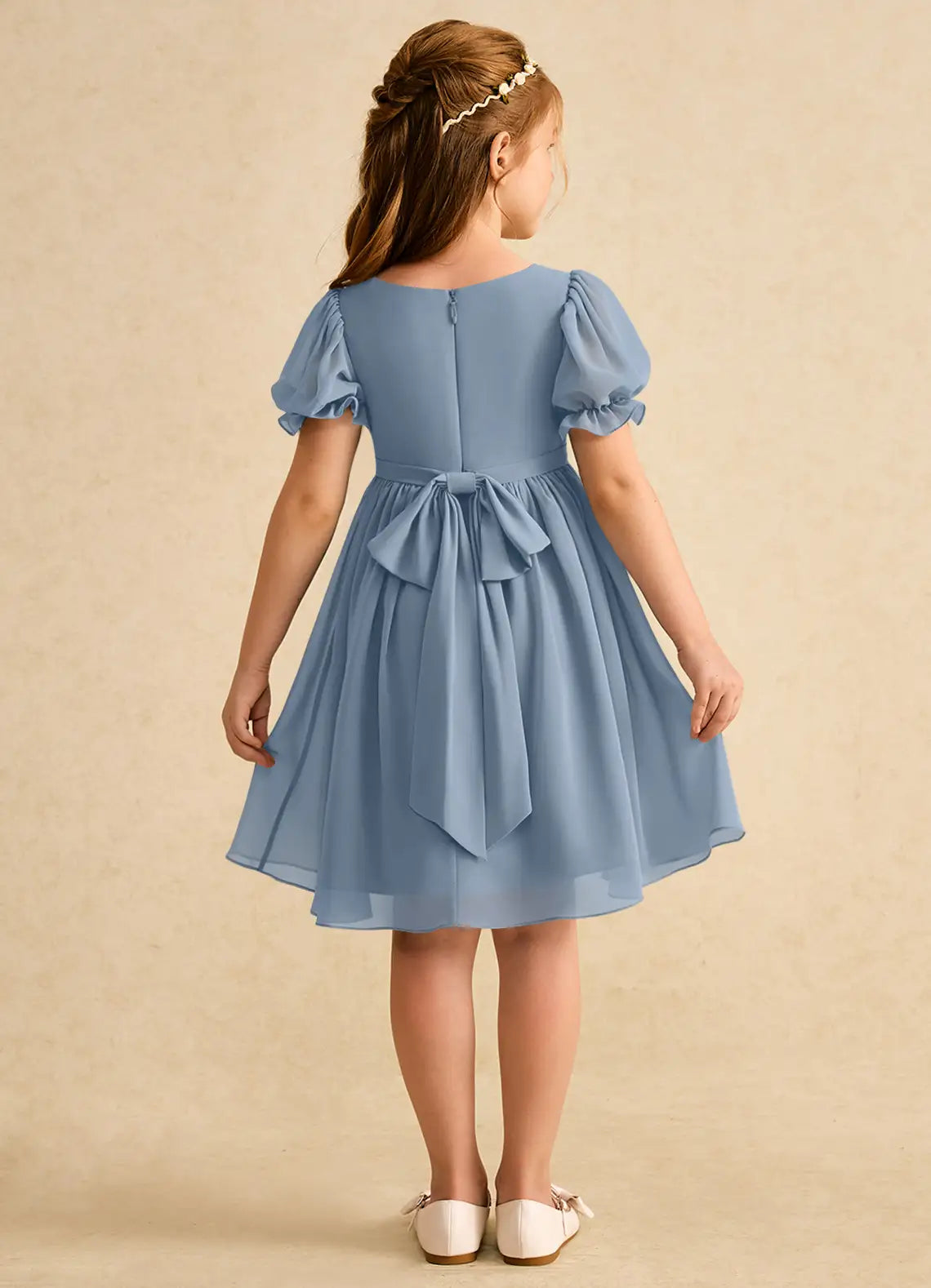 Square Neck Puff Short Sleeve Back Bow Dusty Blue Chiffon Knee-Length Flower Girl Dresses