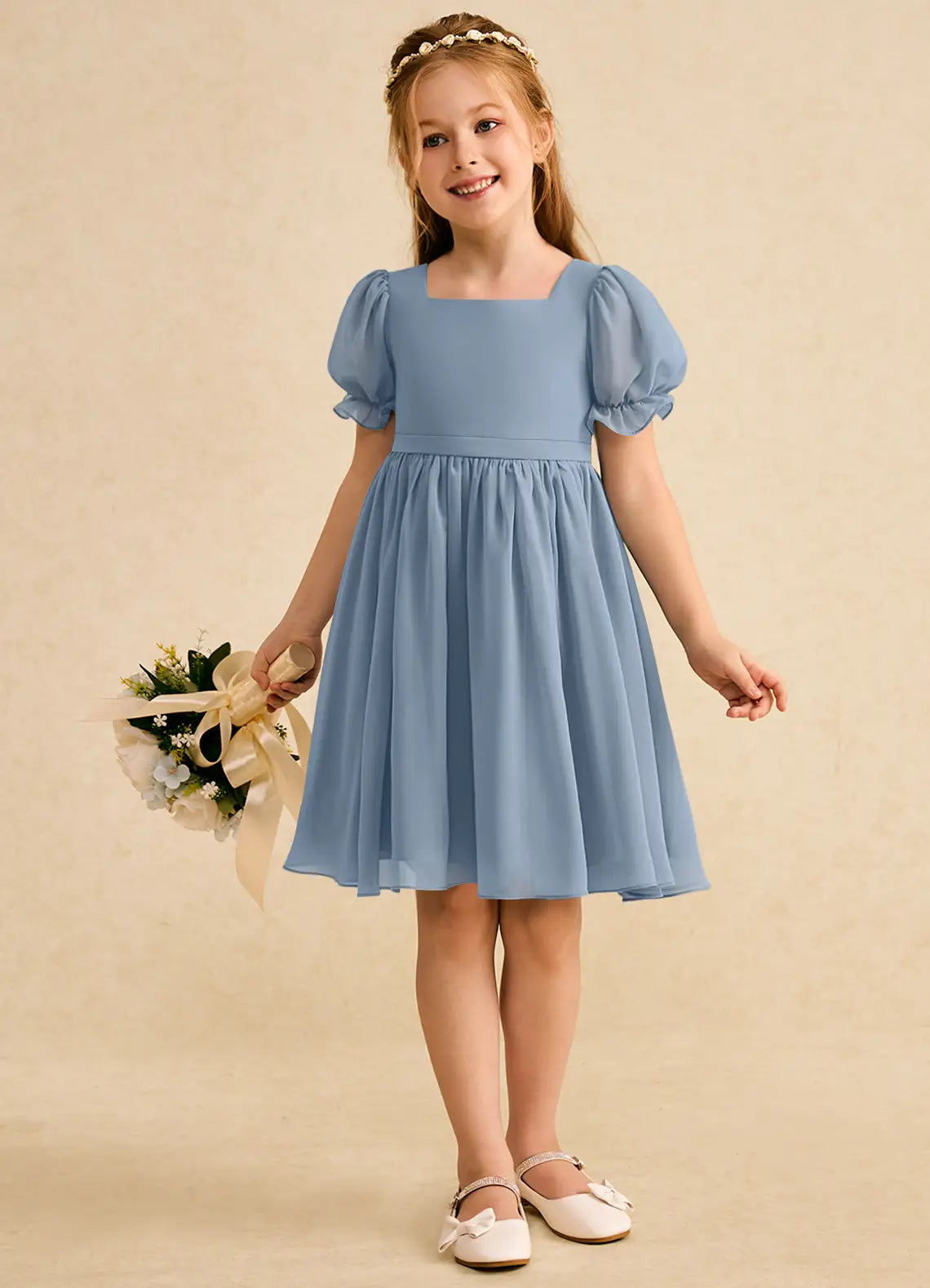 Square Neck Puff Short Sleeve Back Bow Dusty Blue Chiffon Knee-Length Flower Girl Dresses