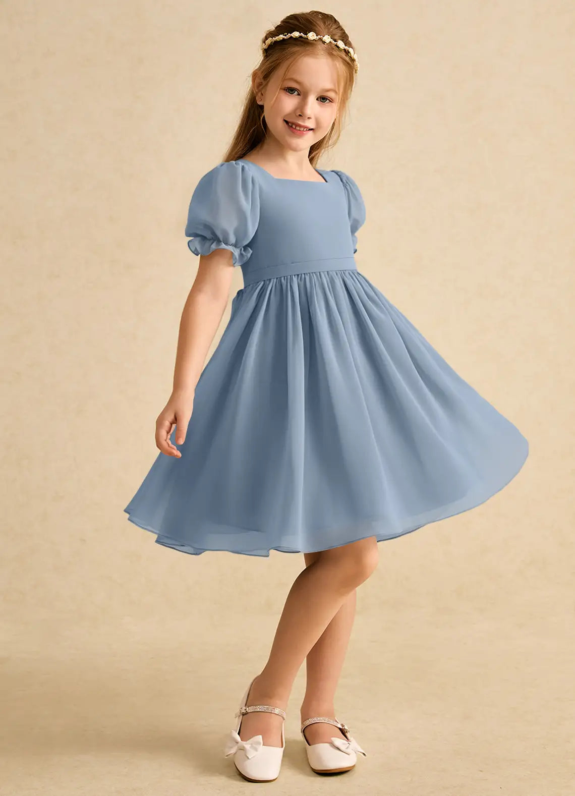 Square Neck Puff Short Sleeve Back Bow Dusty Blue Chiffon Knee-Length Flower Girl Dresses