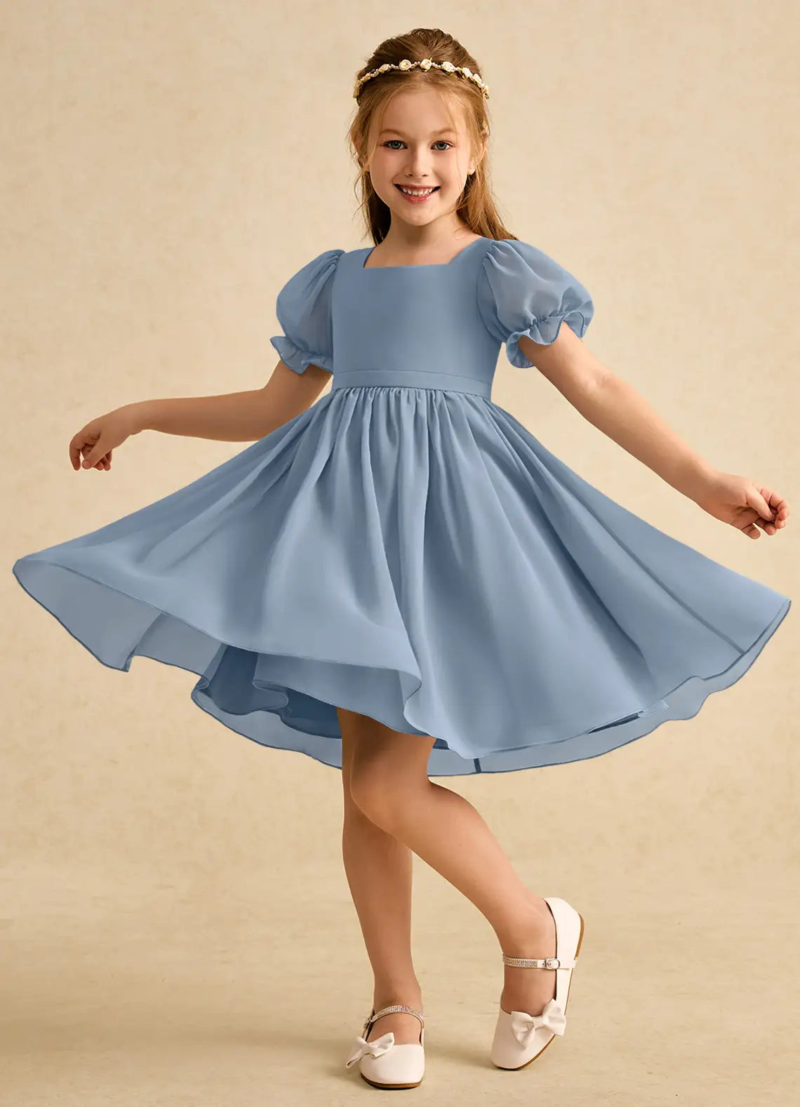 Square Neck Puff Short Sleeve Back Bow Dusty Blue Chiffon Knee-Length Flower Girl Dresses