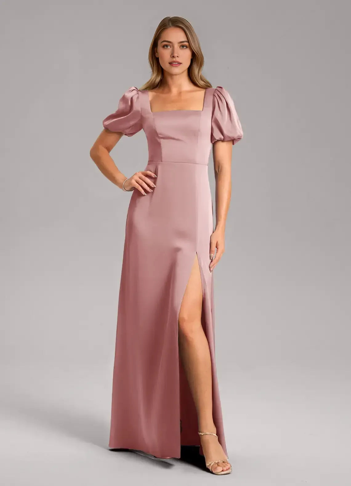 Square Neck Puff Short Sleeve Back Tie High Slit Satin Long Bridesmaid Dress