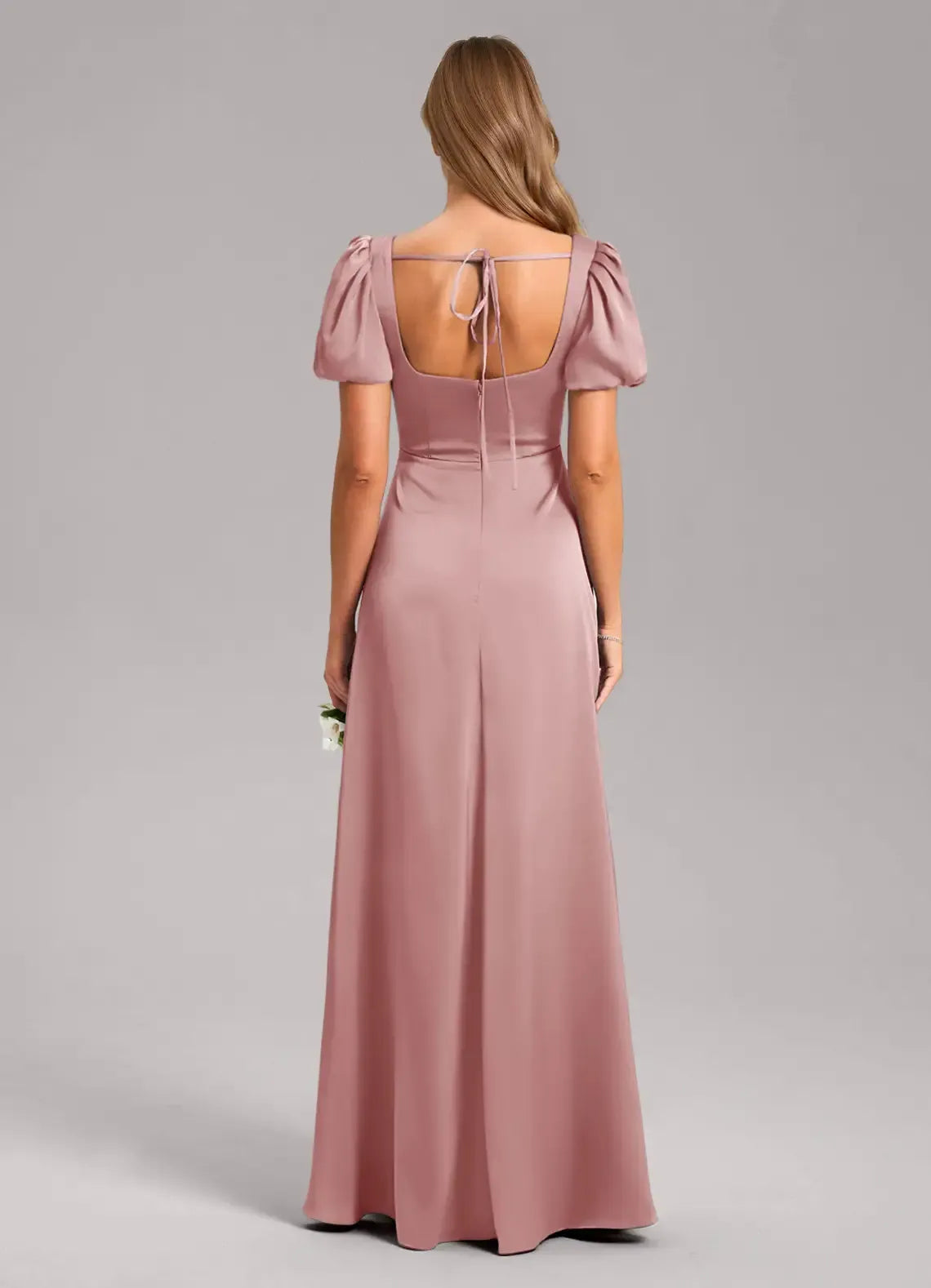 Square Neck Puff Short Sleeve Back Tie High Slit Satin Long Bridesmaid Dress