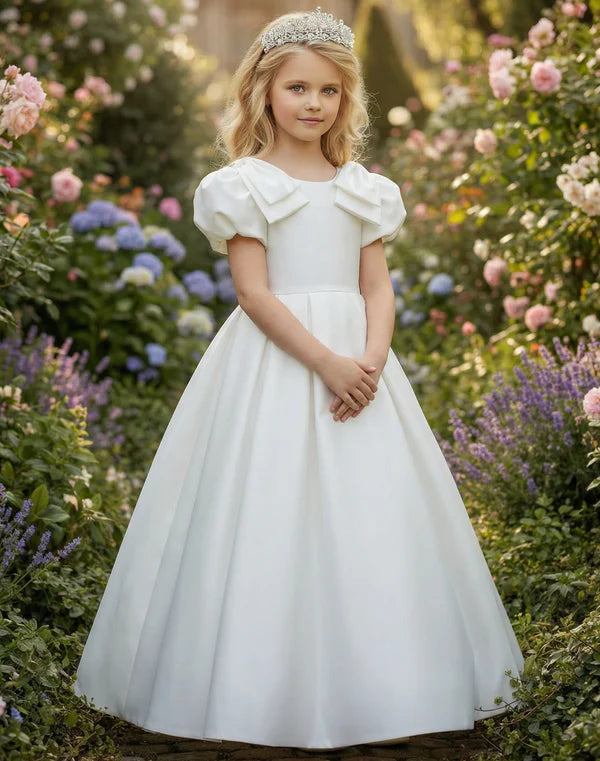 Square Neck Puff Short Sleeve Big Bow White Satin Full Length First Communion Dresses