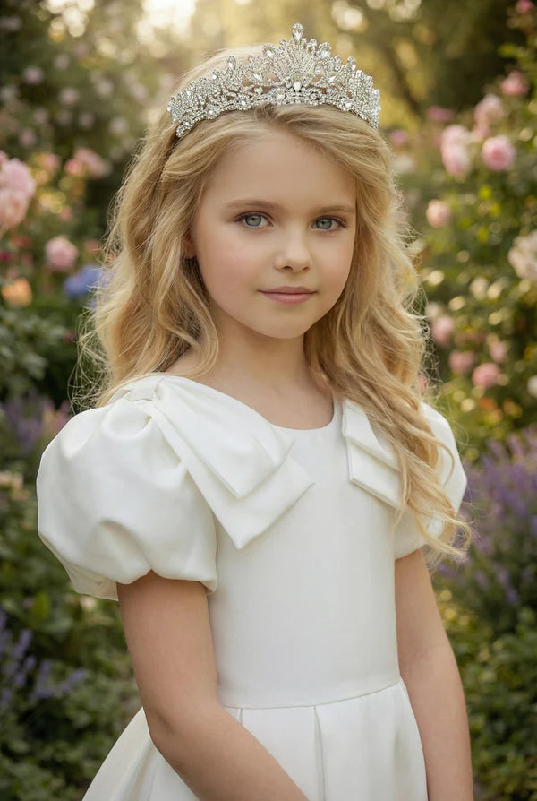 Square Neck Puff Short Sleeve Big Bow White Satin Full Length First Communion Dresses