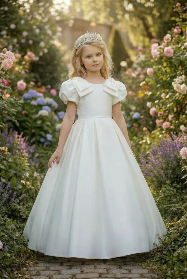 Square Neck Puff Short Sleeve Big Bow White Satin Full Length First Communion Dresses