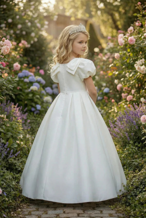 Square Neck Puff Short Sleeve Big Bow White Satin Full Length First Communion Dresses