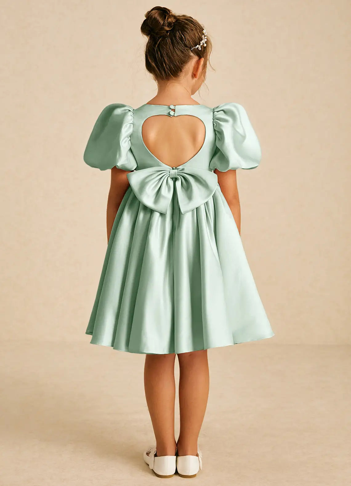 Square Neck Puff Short Sleeve Heart Cutout Back Big Bow Sage Satin Knee-Length Flower Girl Dresses