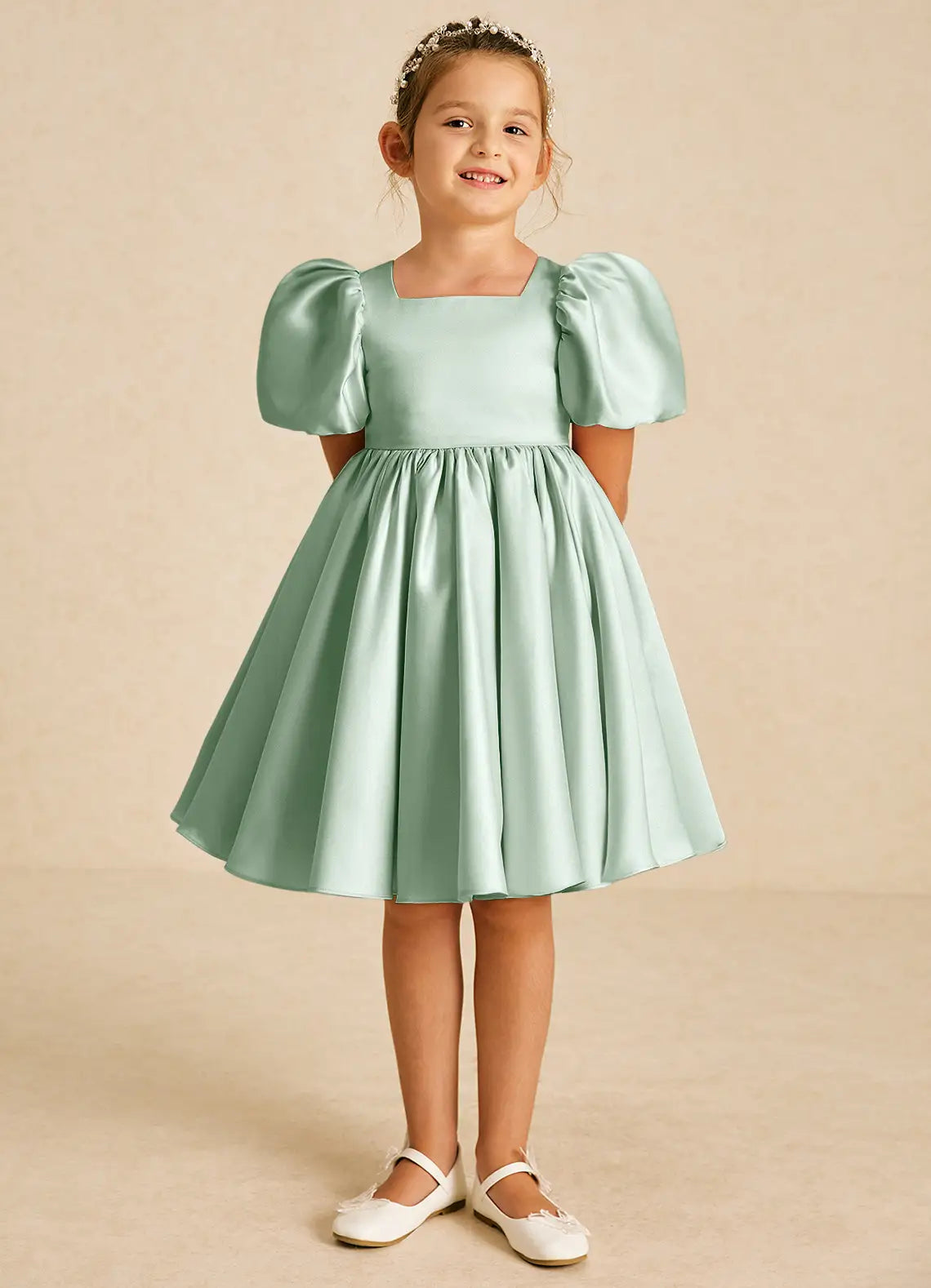 Square Neck Puff Short Sleeve Heart Cutout Back Big Bow Sage Satin Knee-Length Flower Girl Dresses