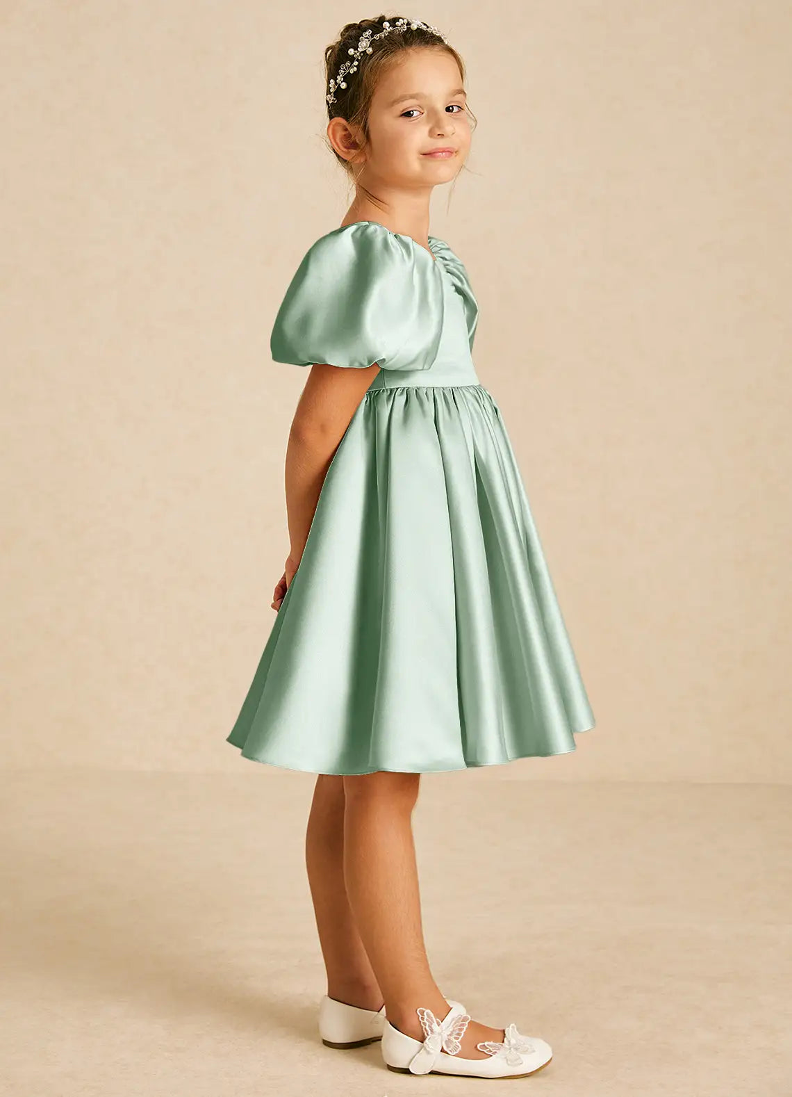 Square Neck Puff Short Sleeve Heart Cutout Back Big Bow Sage Satin Knee-Length Flower Girl Dresses