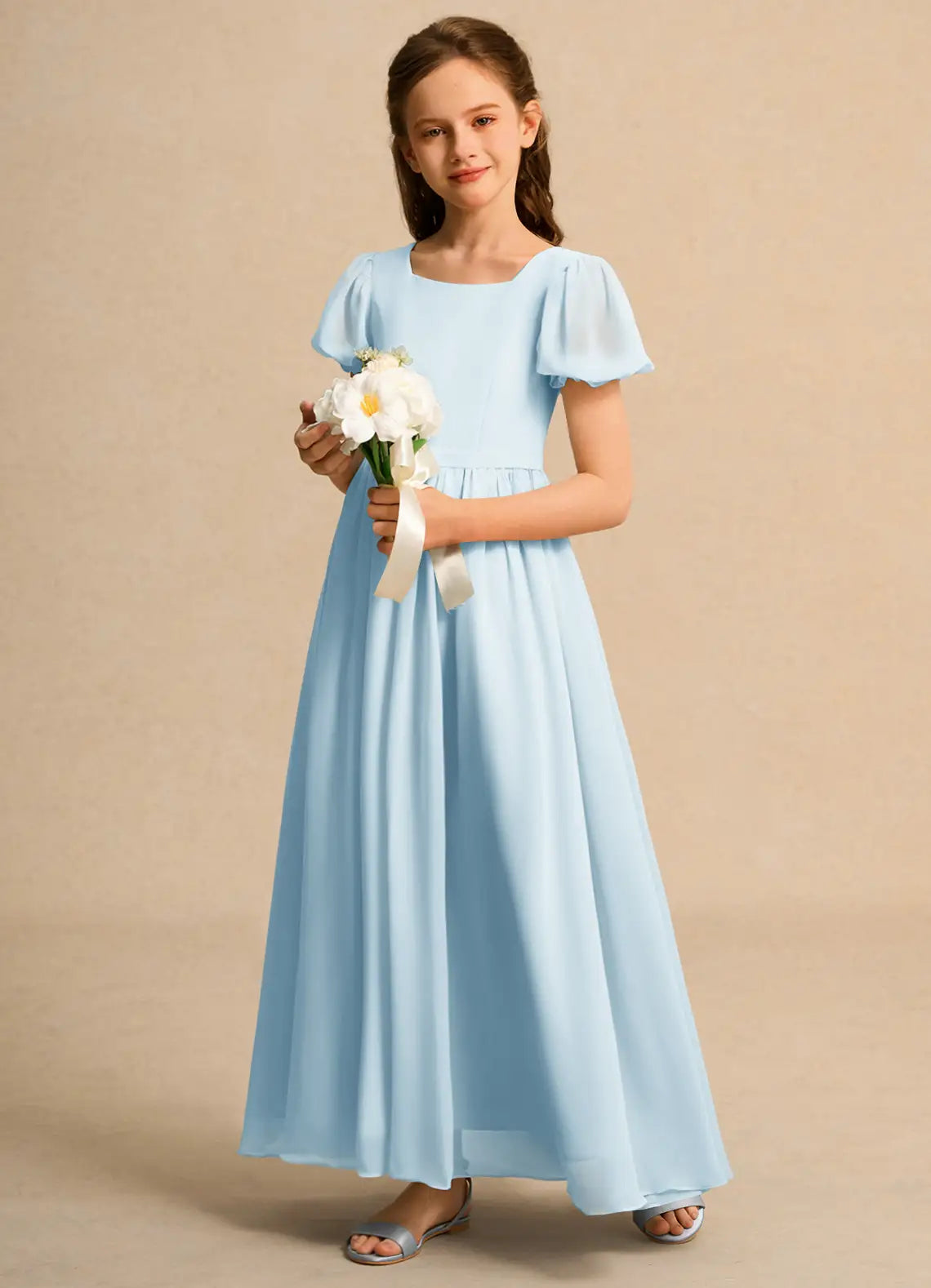 Square Neck Puff Short Sleeve Sky Blue Chiffon Full-Length Junior Bridesmaid Dresses with Back Bow