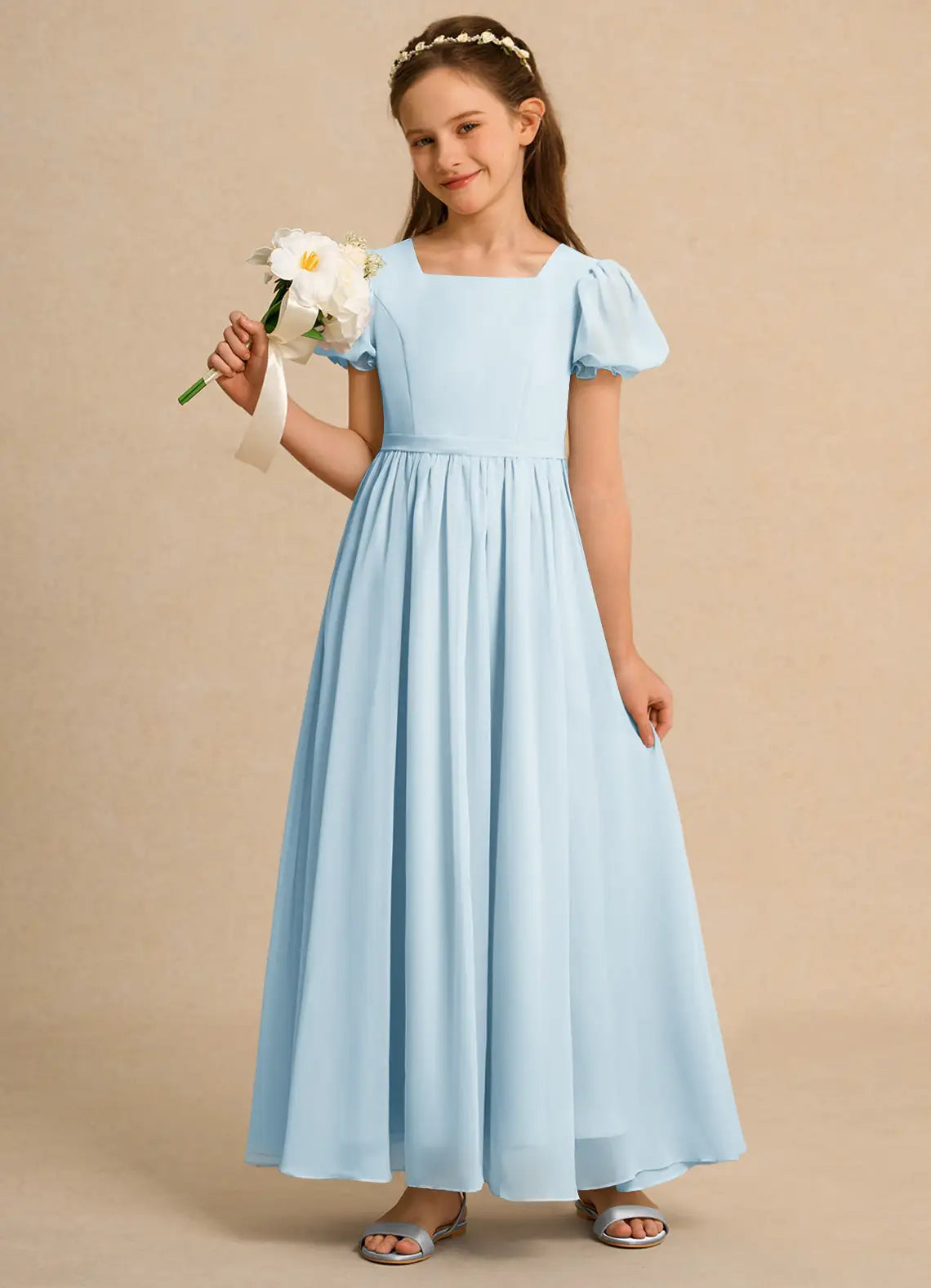 Square Neck Puff Short Sleeve Sky Blue Chiffon Full-Length Junior Bridesmaid Dresses with Back Bow