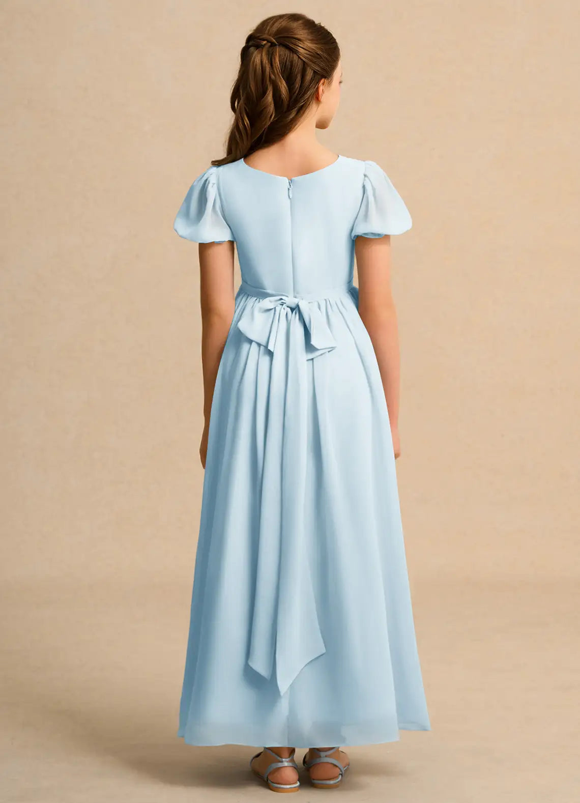 Square Neck Puff Short Sleeve Sky Blue Chiffon Full-Length Junior Bridesmaid Dresses with Back Bow