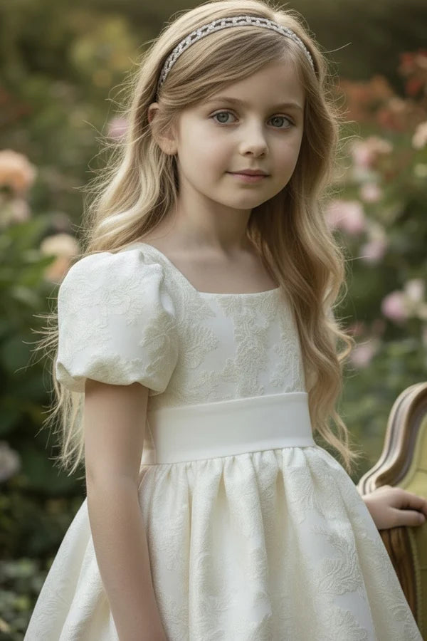 Square Neck Puff Short Sleeve White Jacquard Midi First Communion Dresses