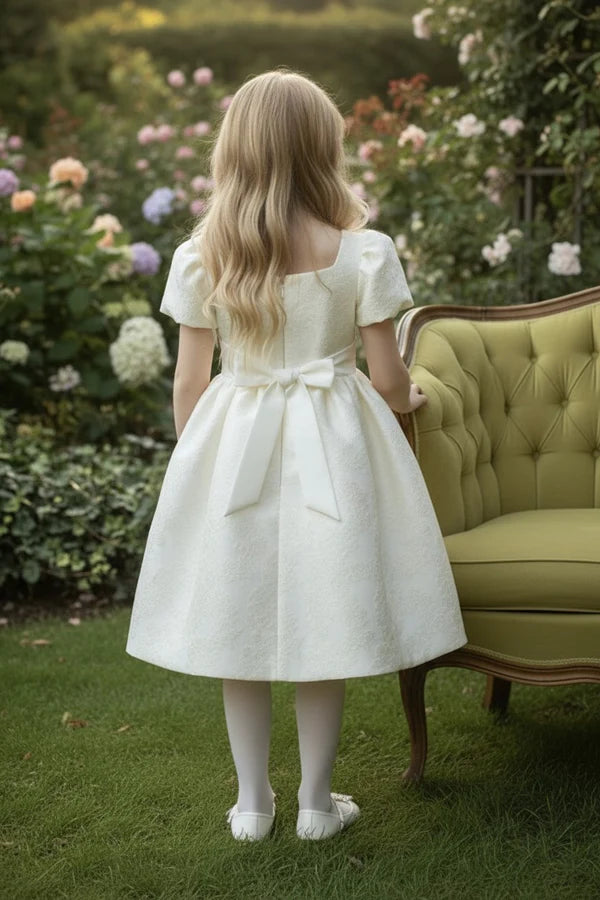 Square Neck Puff Short Sleeve White Jacquard Midi First Communion Dresses