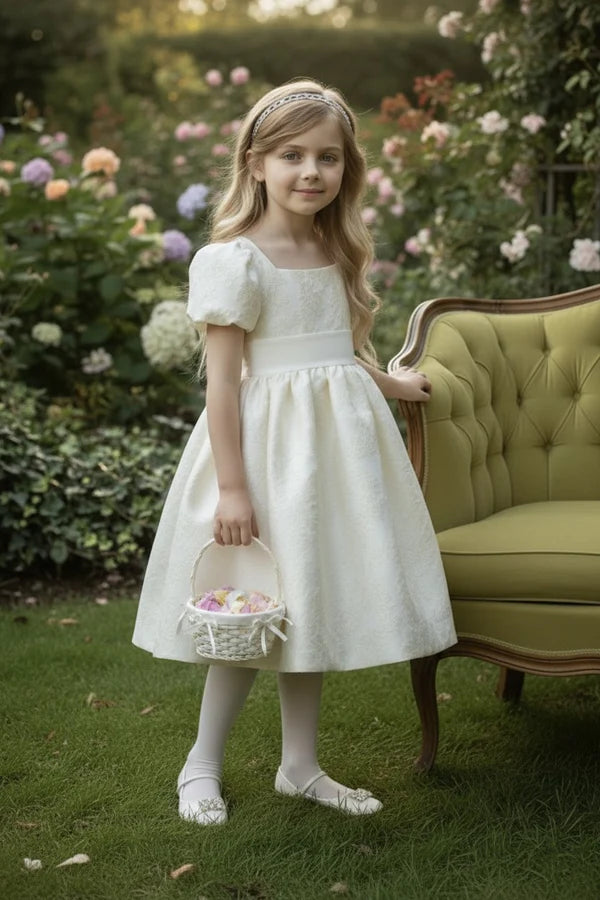 Square Neck Puff Short Sleeve White Jacquard Midi First Communion Dresses