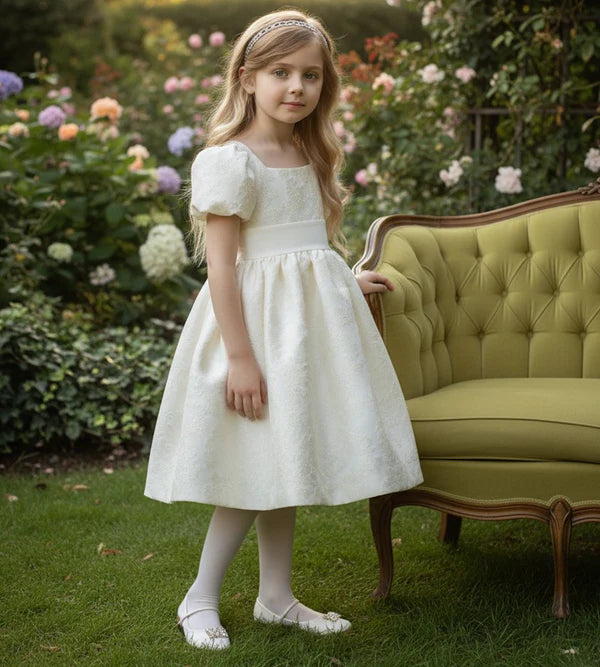Square Neck Puff Short Sleeve White Jacquard Midi First Communion Dresses
