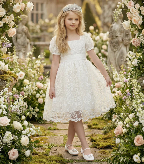 Square Neck Puff Short Sleeve White Lace Midi First Communion Dresses