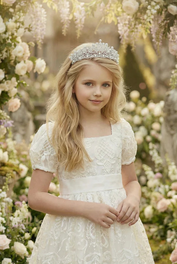Square Neck Puff Short Sleeve White Lace Midi First Communion Dresses
