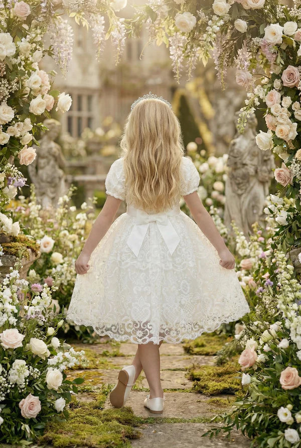 Square Neck Puff Short Sleeve White Lace Midi First Communion Dresses
