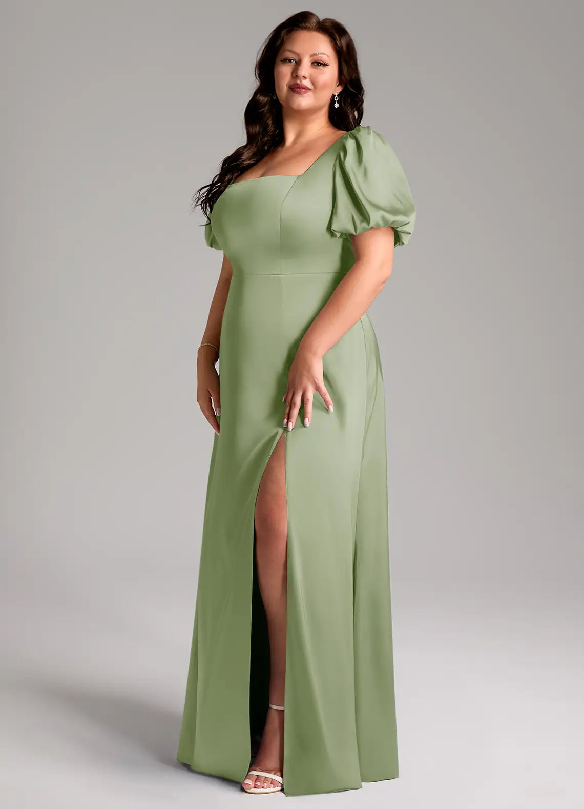 Square Neck Puff Sleeve Slit Floor-Length Plus Size Bridesmaid Dress