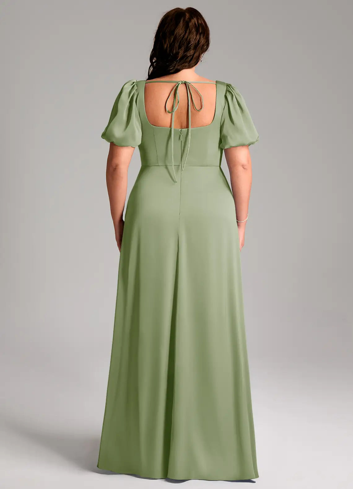 Square Neck Puff Sleeve Slit Floor-Length Plus Size Bridesmaid Dress