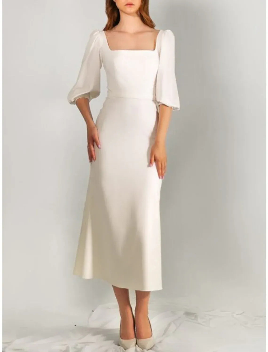 Square‑Neck Puffed‑Three‑Quarter‑Sleeve Crepe Midi Sheath Wedding Dress