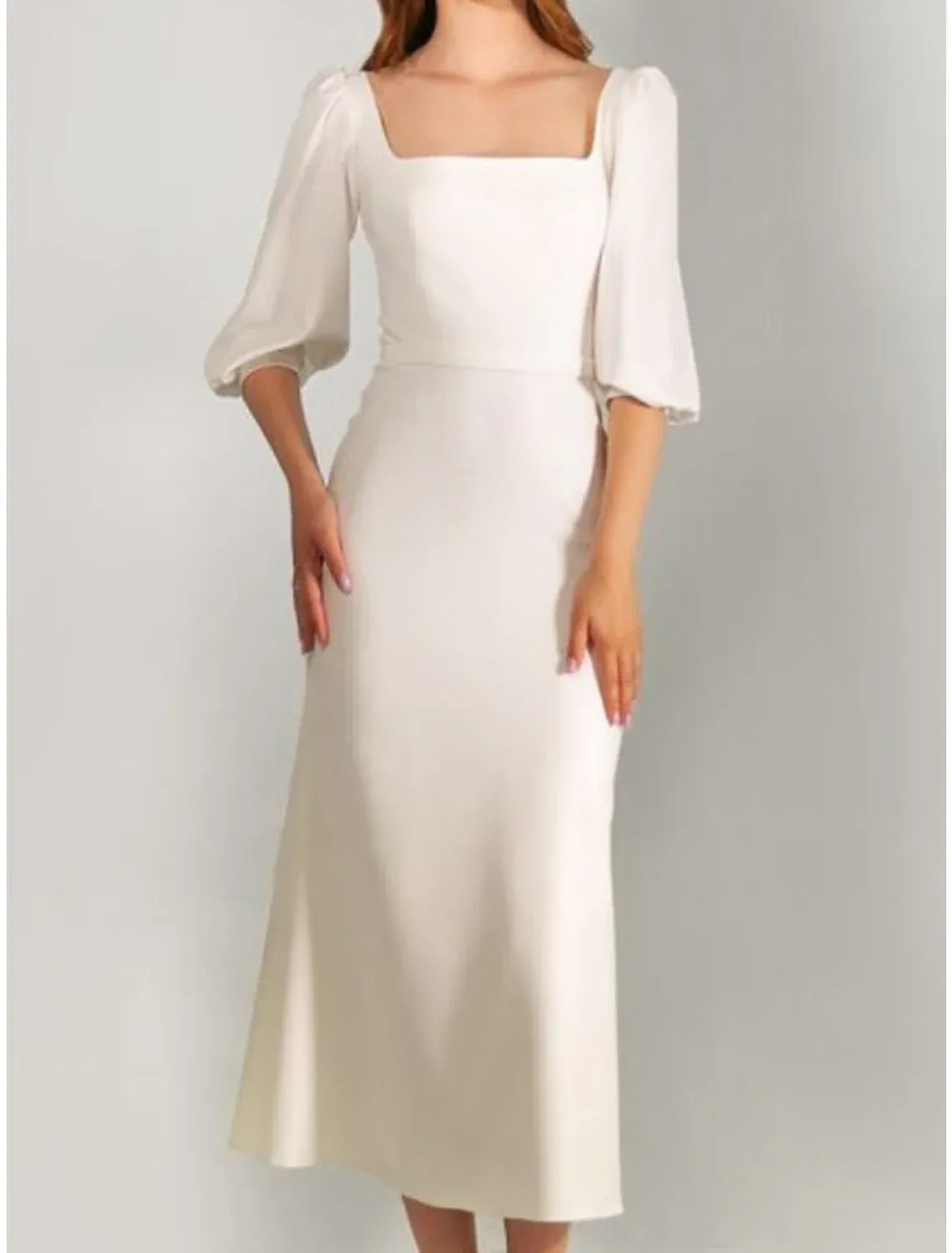 Square‑Neck Puffed‑Three‑Quarter‑Sleeve Crepe Midi Sheath Wedding Dress