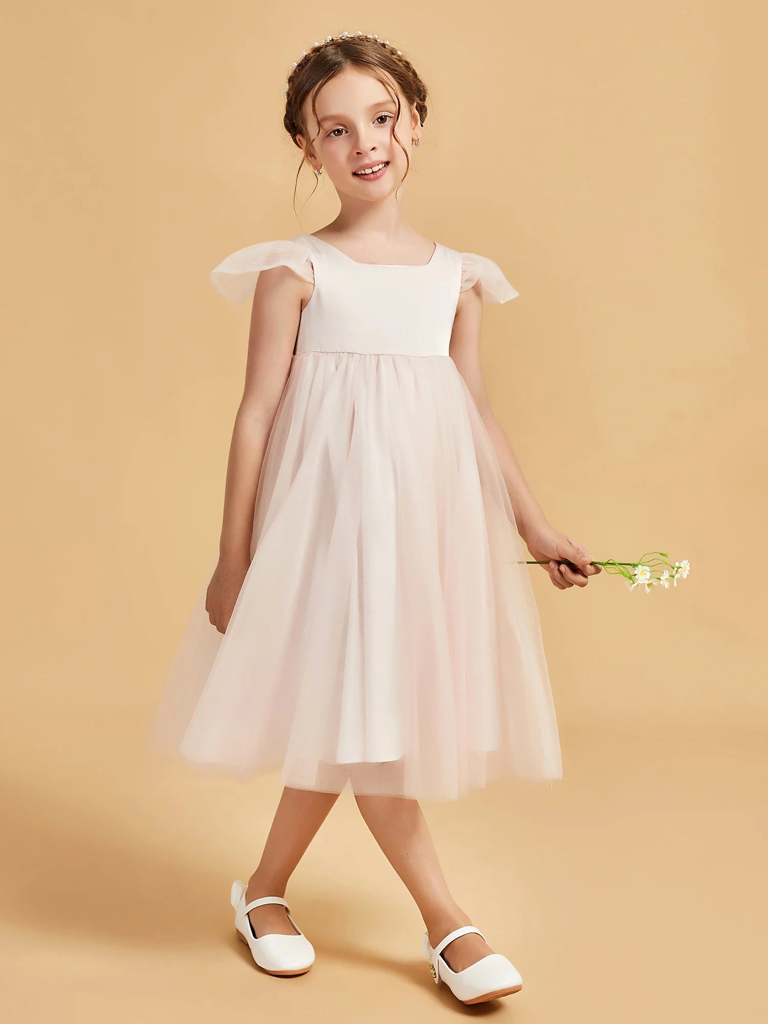 Square Neck Ruffle Cap Back Big Bow Blush Tulle Midi Swing Flower Girl Dresses