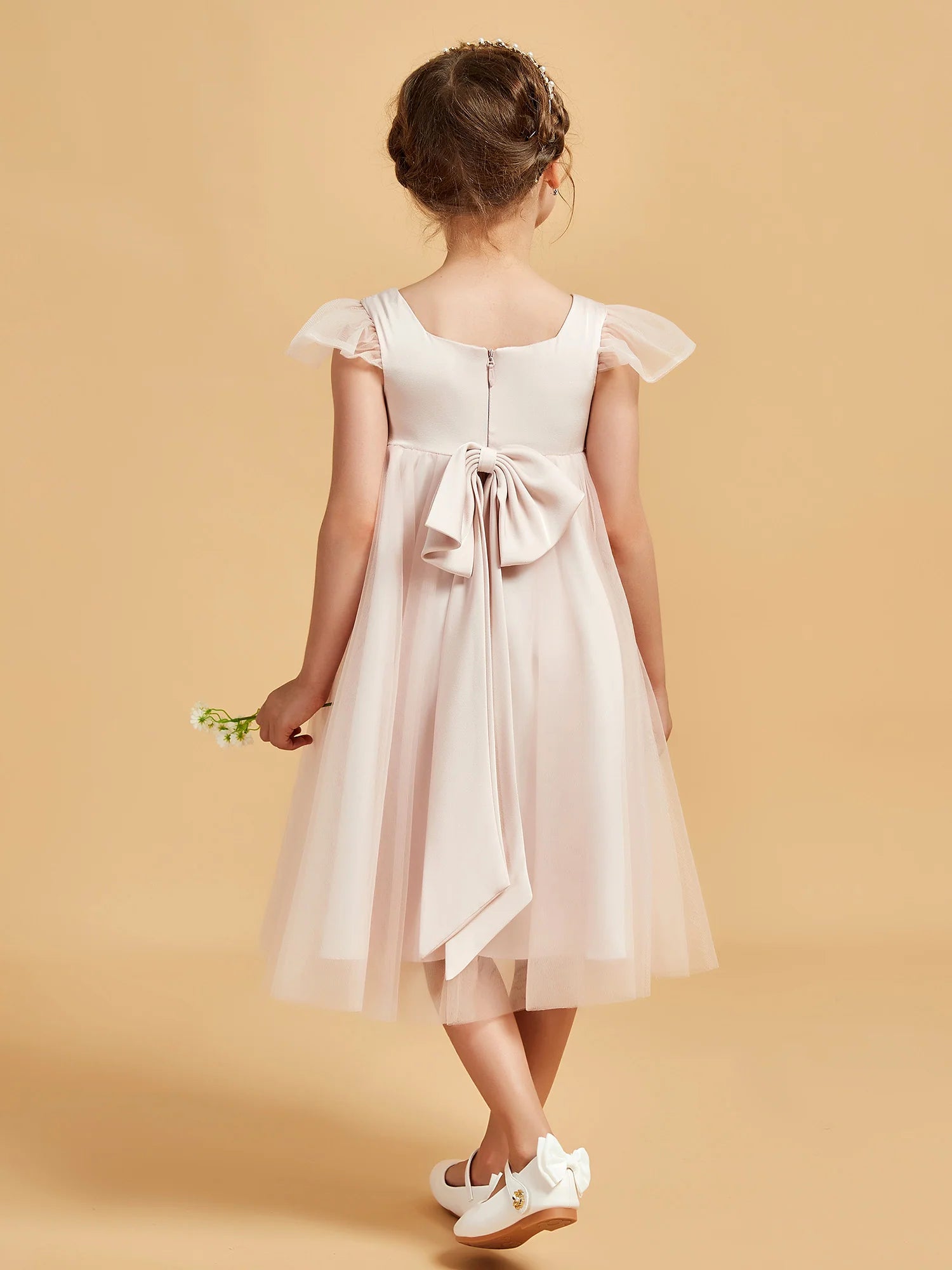 Square Neck Ruffle Cap Back Big Bow Blush Tulle Midi Swing Flower Girl Dresses