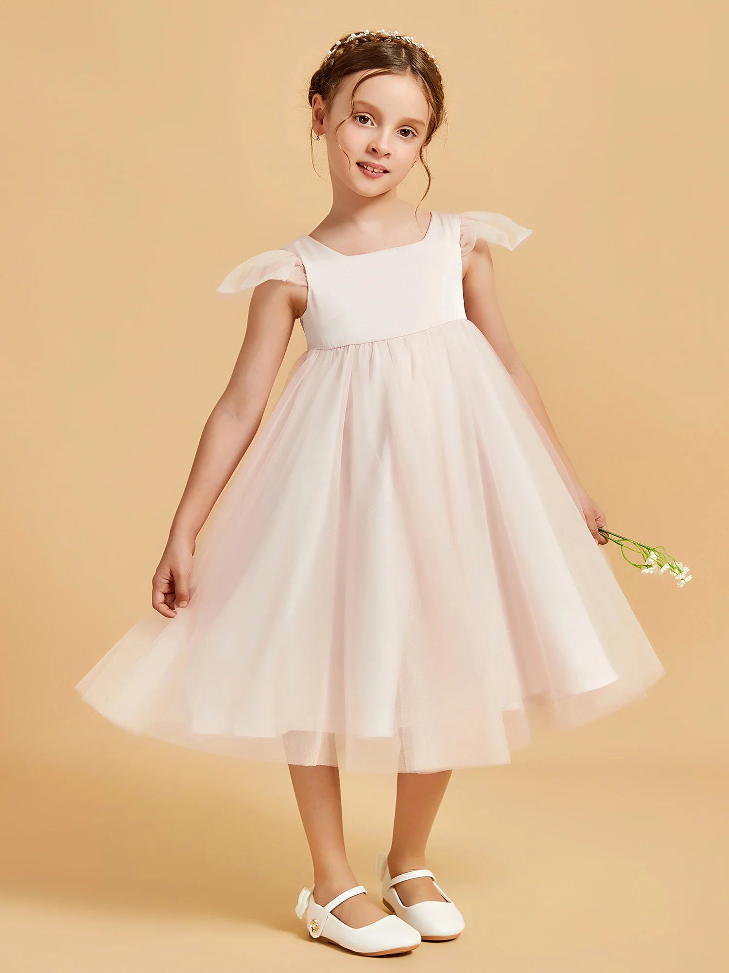 Square Neck Ruffle Cap Back Big Bow Blush Tulle Midi Swing Flower Girl Dresses