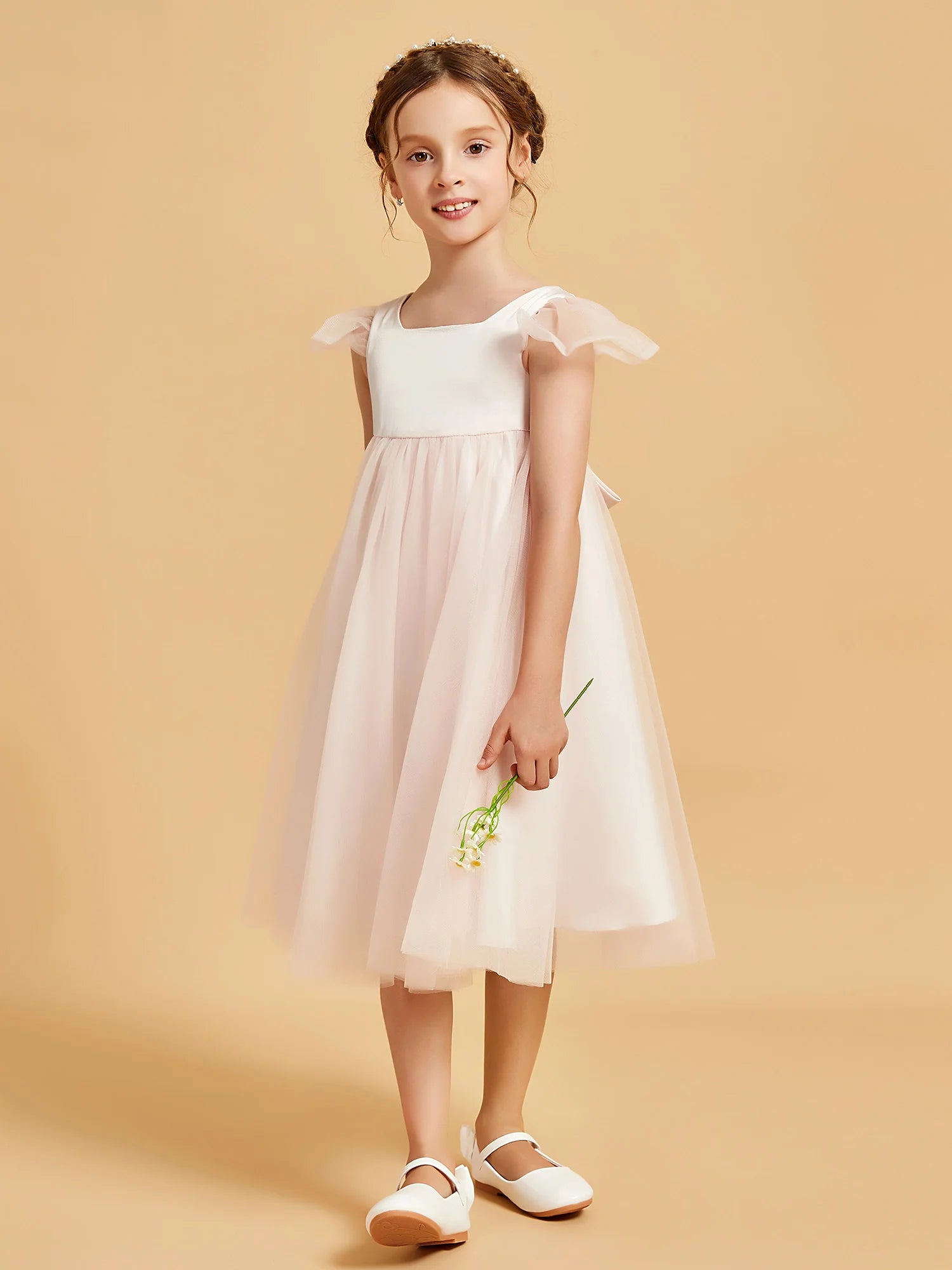 Square Neck Ruffle Cap Back Big Bow Blush Tulle Midi Swing Flower Girl Dresses