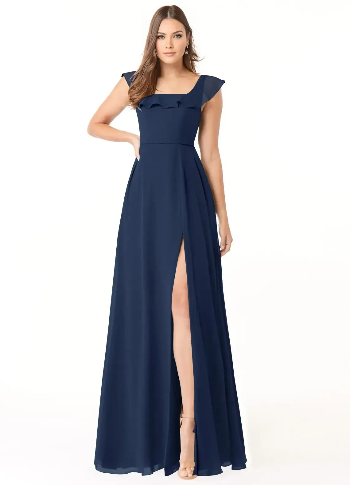 Square Neck Ruffle Cap Sleeve High Slit Pocket A Line Chiffon Long Bridesmaid Dress