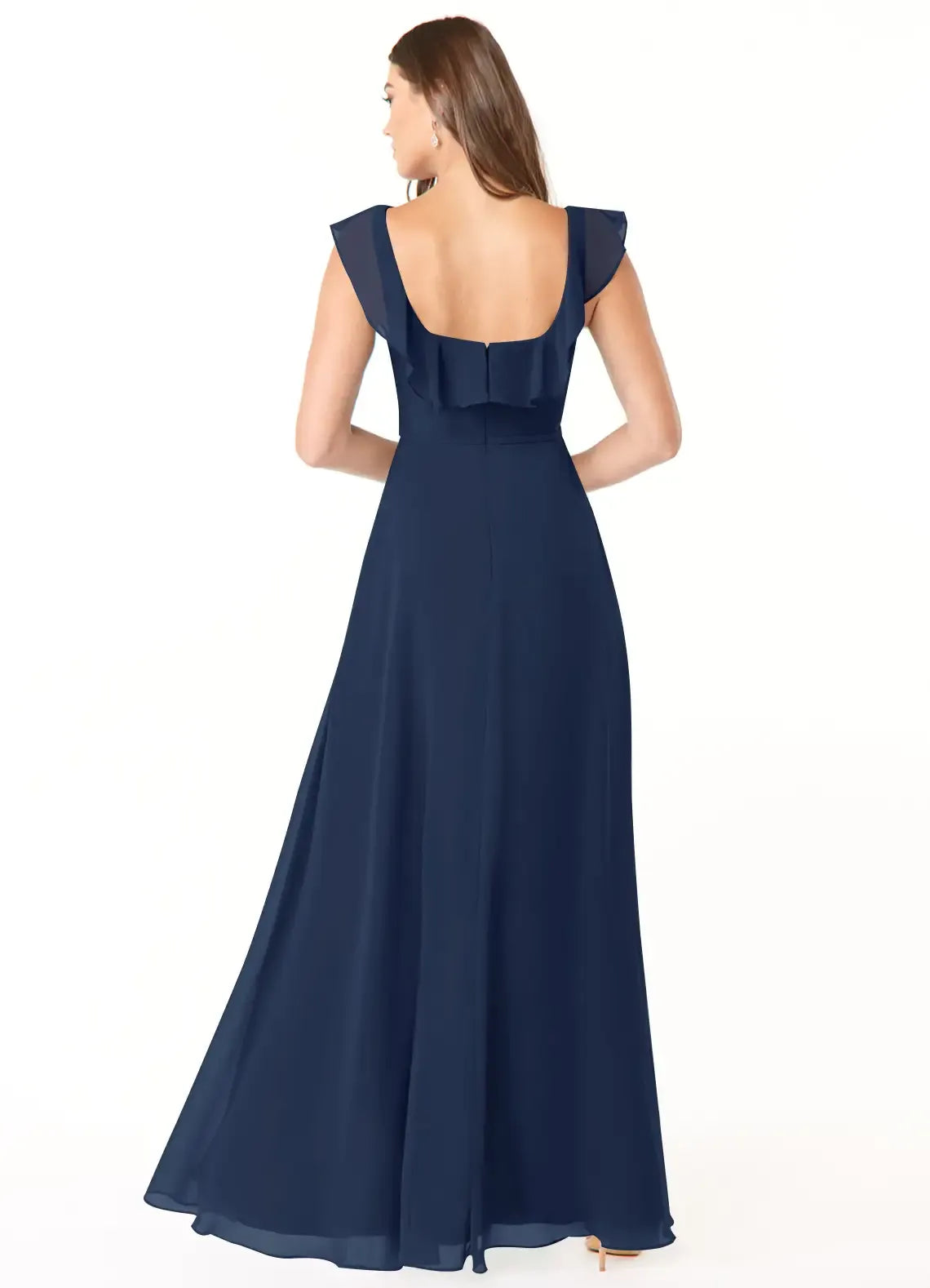 Square Neck Ruffle Cap Sleeve High Slit Pocket A Line Chiffon Long Bridesmaid Dress