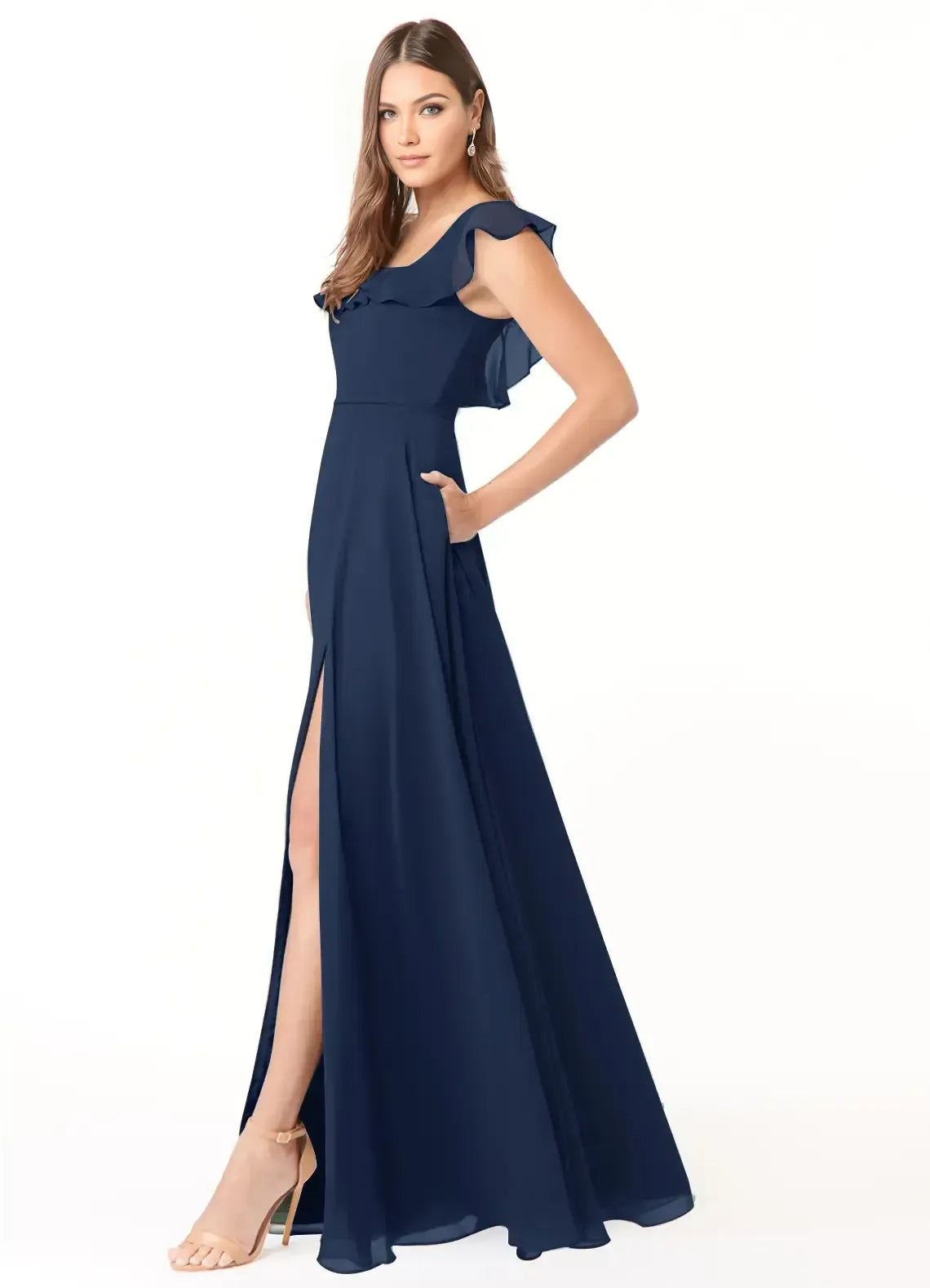 Square Neck Ruffle Cap Sleeve High Slit Pocket A Line Chiffon Long Bridesmaid Dress