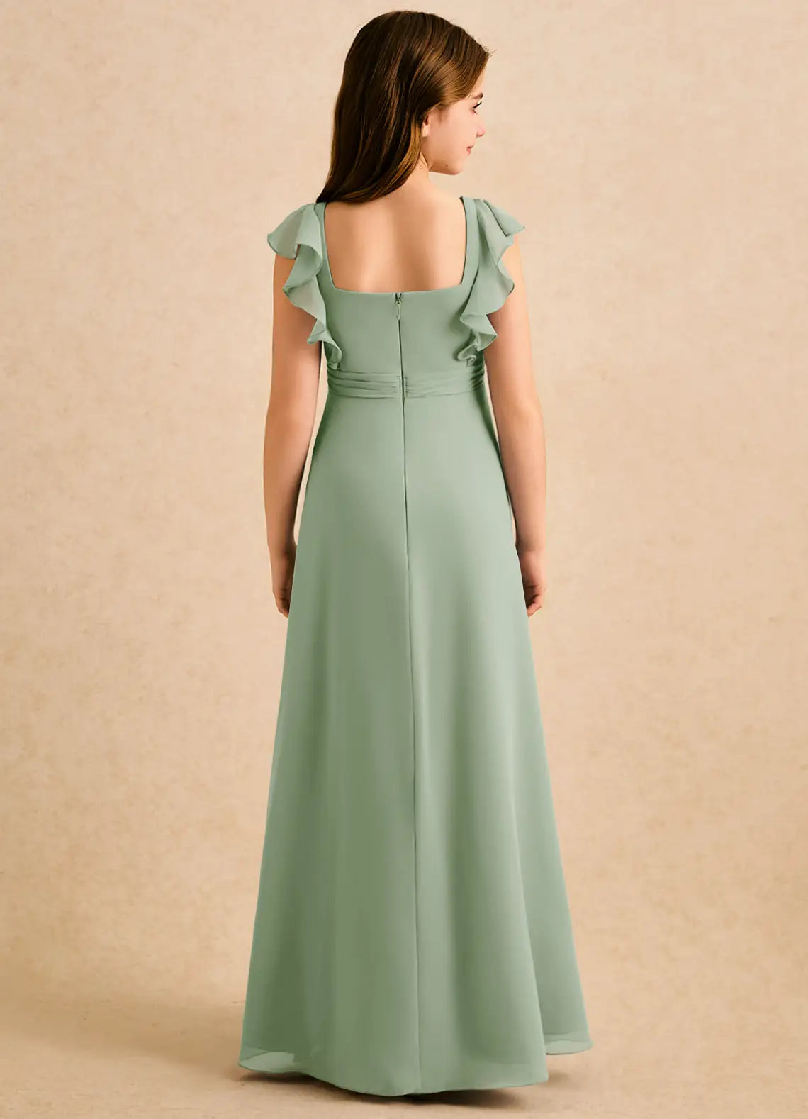 Square Neck Ruffle Cap Sleeve Sage Green Chiffon Full-Length Junior Bridesmaid Dresses with Front Ruffle Slit