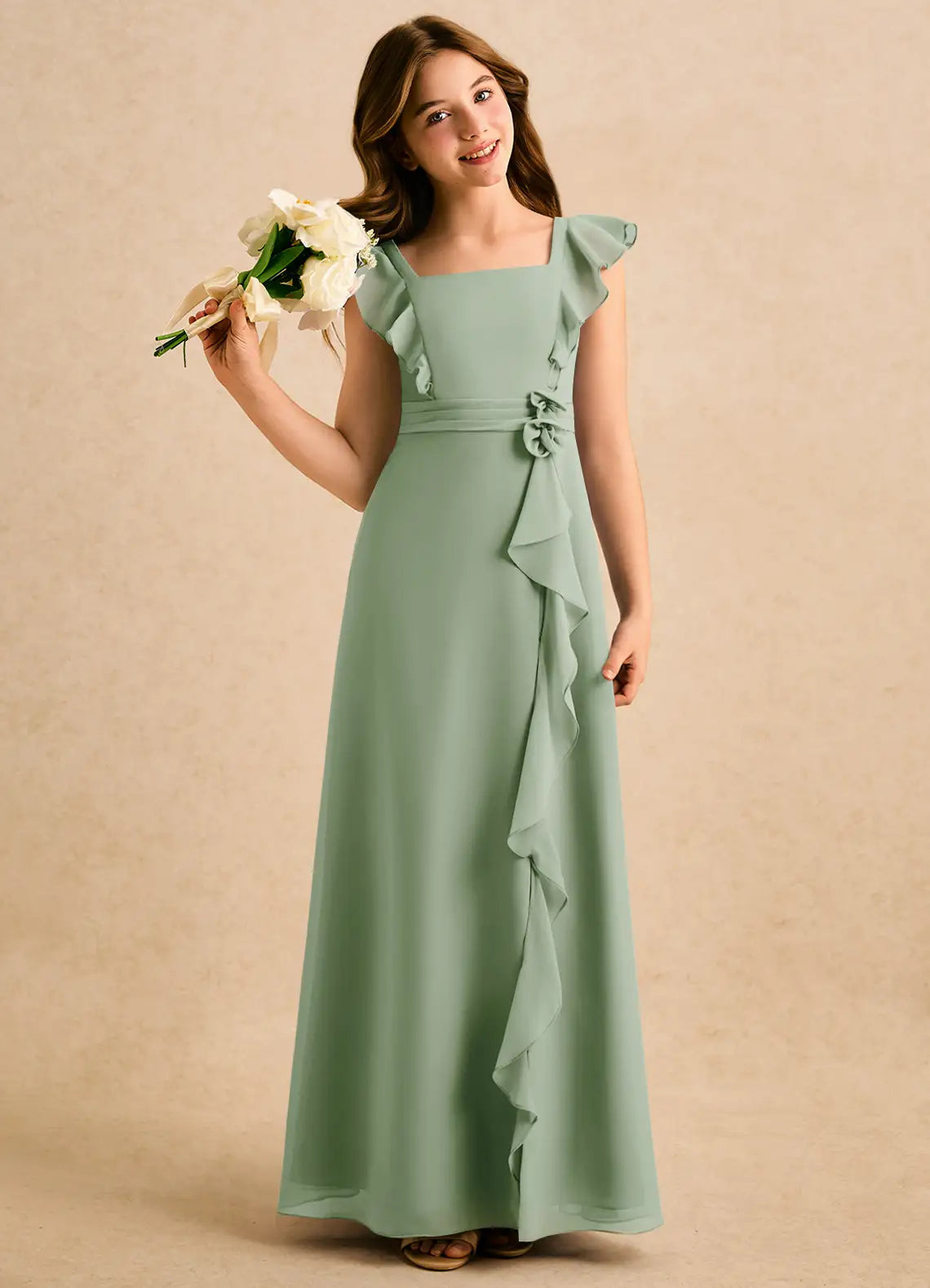 Square Neck Ruffle Cap Sleeve Sage Green Chiffon Full-Length Junior Bridesmaid Dresses with Front Ruffle Slit